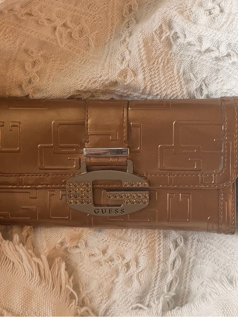 GUESS Metallic Bronze Embossed Logo Wallet with Crystal-Stud Clasp